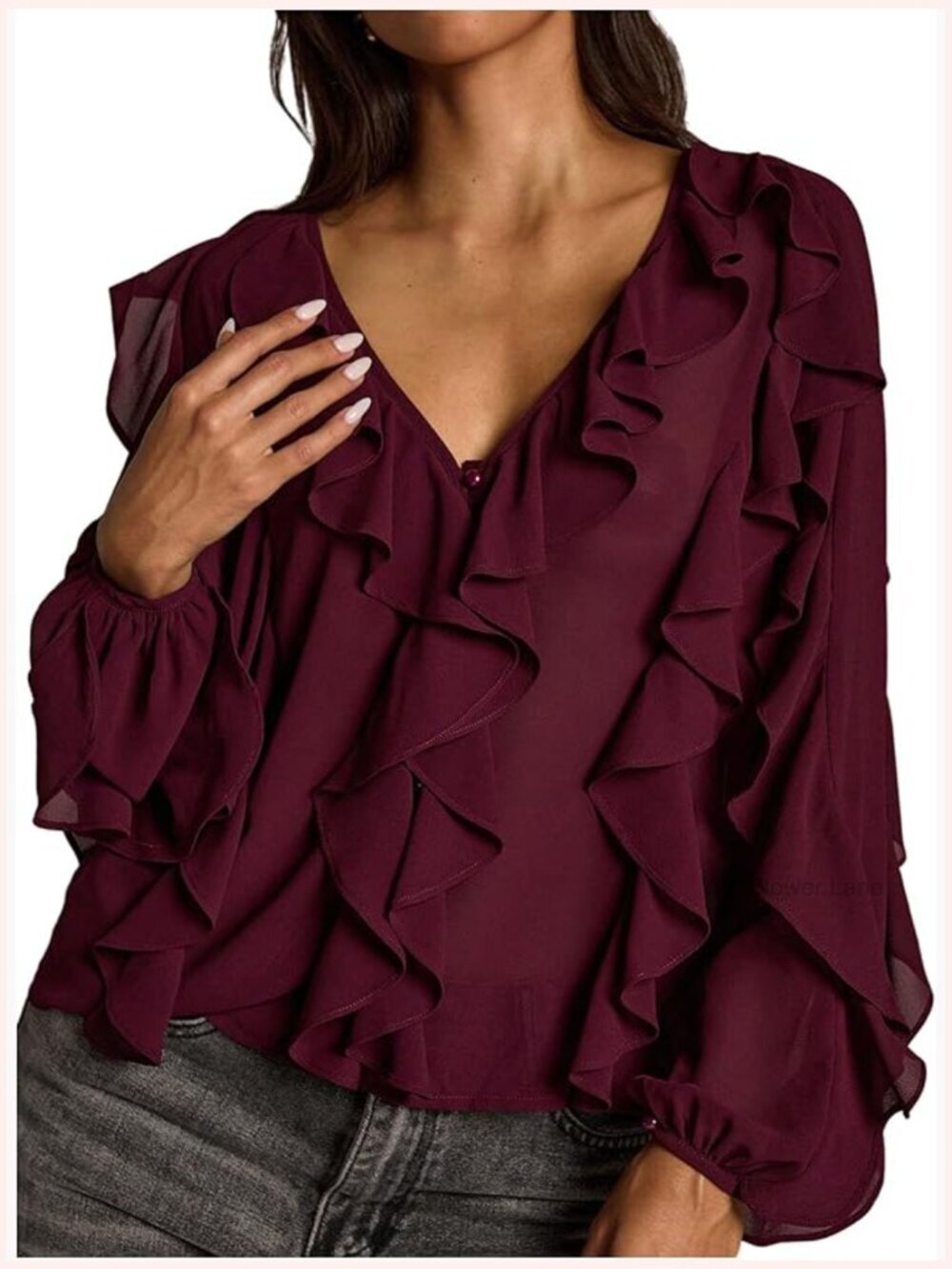 Ruffle V Neck Blouse Lantern Sleeve Chiffon Going Out Top Long Sleeve